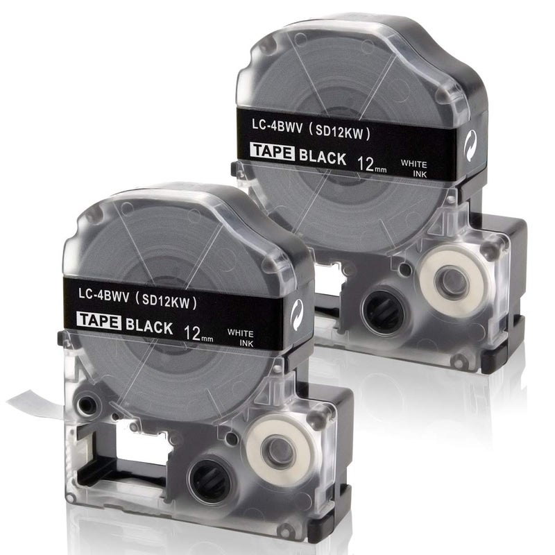 Absonic 2-Pack Compatible for LK-4BWV LC-4BWV9 12mm 0.47" White on Black Label Tape Work with Epson LabelWorks LW-300 LW-400 LW-500 LW-600P LW-700 LW-900P LW-1000P Label Maker - Image 1